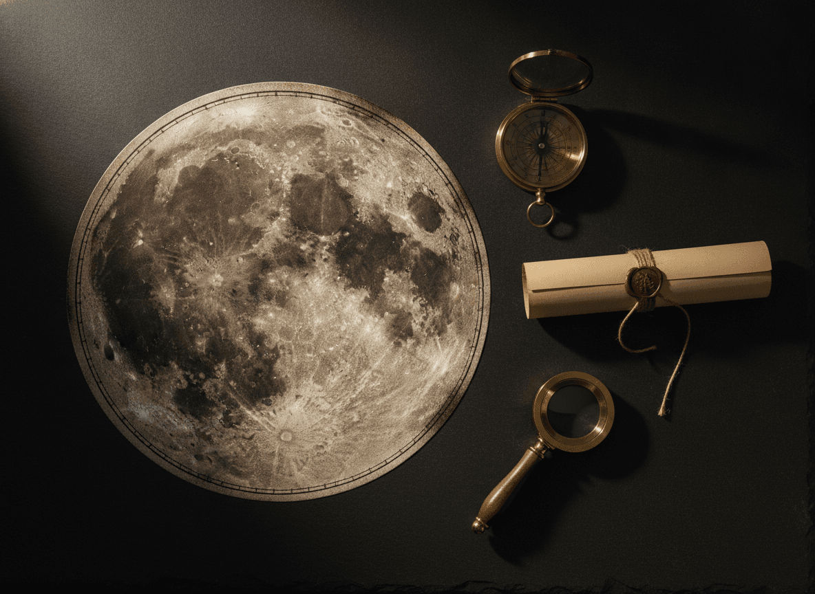 A lunar map print, a rolled certificate, a brass compass and a magnifier on dark slate